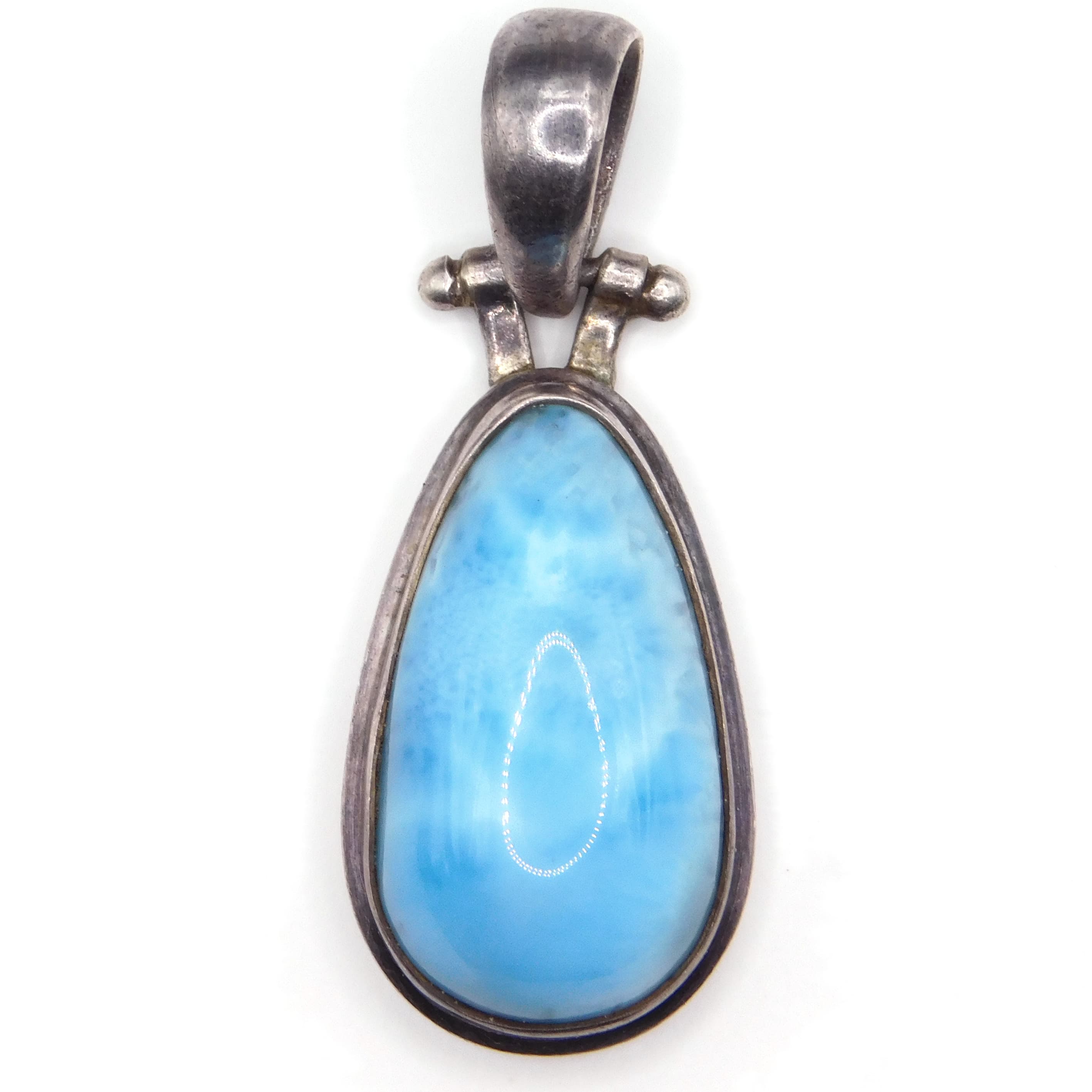 STERLING SILVER & GENUINE LARIMAR TEARDROP PENDANT SKY BLUE CABOCHON